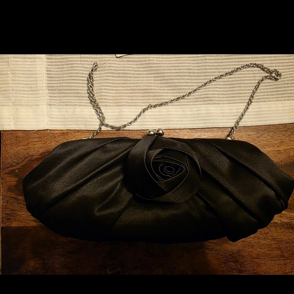 Vintage Style Black Satin Rose Clutch